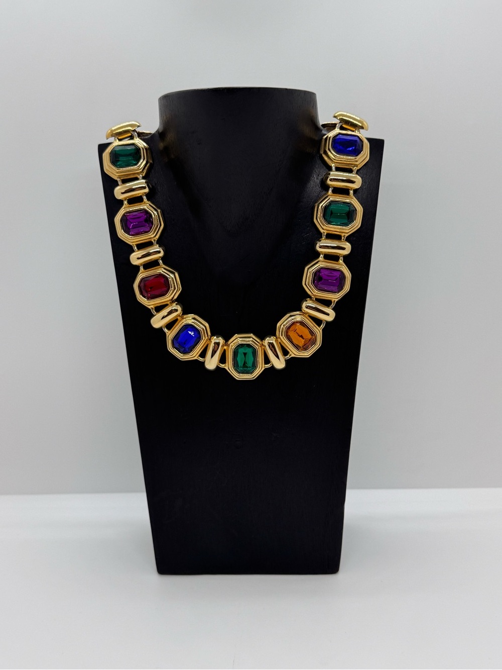 Gold Multicolor Gemstone Statement Necklace - Women Jewelry 17” UNMARKED